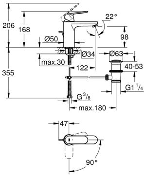 GROHE EUROSMART COSMOPOLITAN umyvadlová stojánková baterie, s odtokovou soupravou, studený start, chrom 2339600E Technický nákres