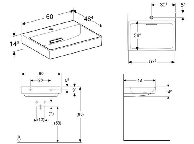 GEBERIT ONE umyvadlo 60 cm, s otvorem pro baterii, skrytý přepad, KeraTect 505.034.00.1 Technický nákres