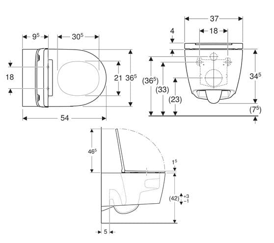 GEBERIT ONE závěsné WC se SoftClose sedátkem, TurboFlush splachování, KeraTect 500.201.01.1 Technický nákres