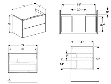GEBERIT ONE skříňka pod umyvadlo 74x47x50, cm, 2 zásuvky, Push-open, ořech hickory 505.262.00.6 Technický nákres