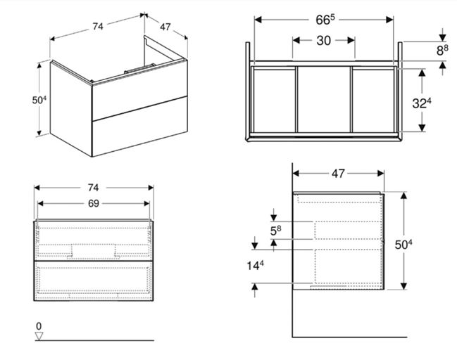 GEBERIT ONE skříňka pod umyvadlo 74x47x50, cm, 2 zásuvky, Push-open, ořech hickory 505.262.00.6 Technický nákres