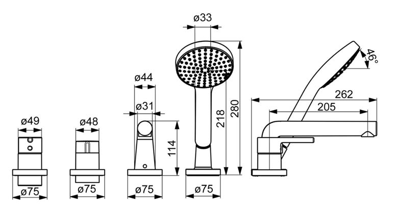 HANSA VANTIS STYLE baterie na okraj vany, 4-otvorová, s přepínačem, se sprchovou soupravou, chrom 54719007 Technický nákres