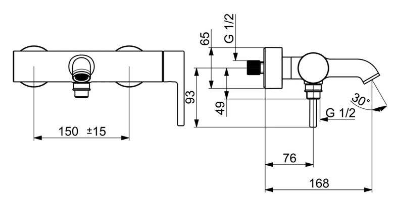 HANSA VANTIS STYLE vanová nástěnná baterie, s přepínačem, chrom 54442207 Technický nákres