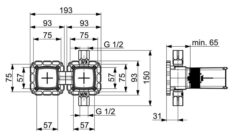 HANSA MATRIX podomítkové těleso DN15 44000100 Technický nákres