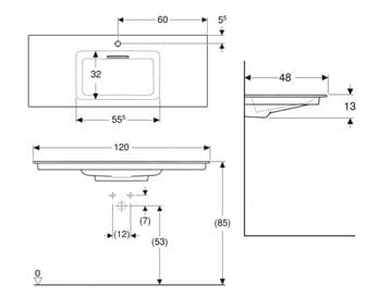 GEBERIT ONE umyvadlo 120 cm, s otvorem pro baterii a skrytým přepadem, KeraTect 505.017.00.1 Technický nákres