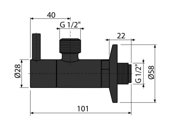 ALCA rohový ventil 1/2"x1/2", s filtrem, matná černá ARV003-BLACK Technický nákres