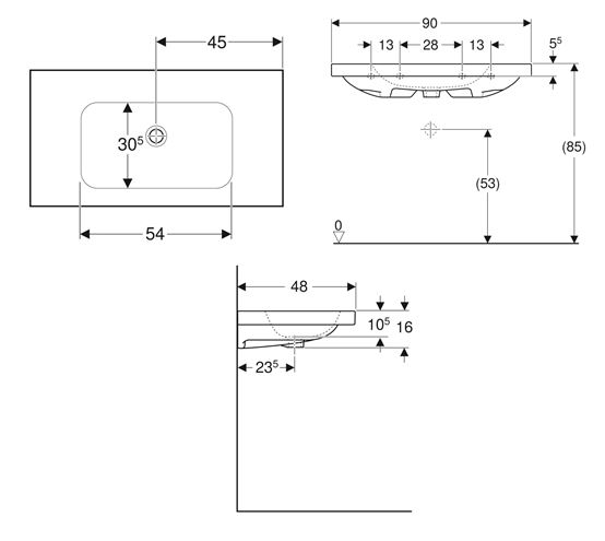 GEBERIT ICON LIGHT umyvadlo 90 cm, bez přepadu, KeraTect 501.840.00.8 Technický nákres