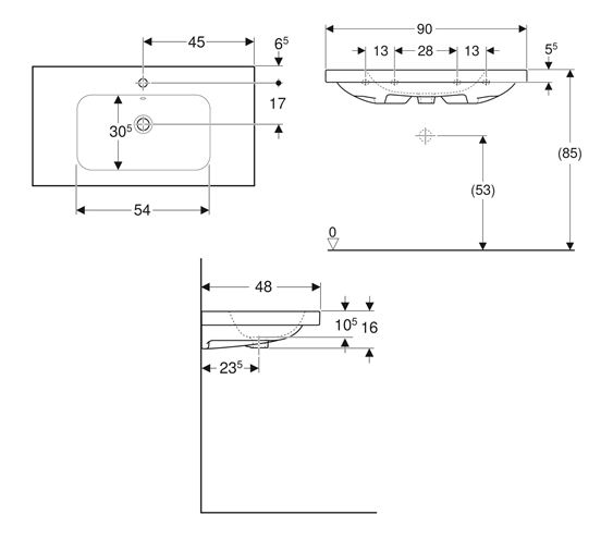 GEBERIT ICON LIGHT umyvadlo 90 cm, s přepadem, KeraTect 501.840.00.4 Technický nákres