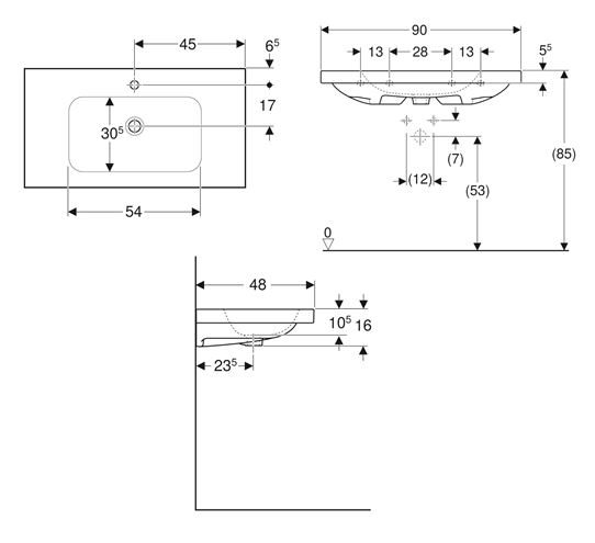GEBERIT ICON LIGHT umyvadlo 90 cm, s otvorem pro baterii, bez přepadu 501.840.00.5 Technický nákres