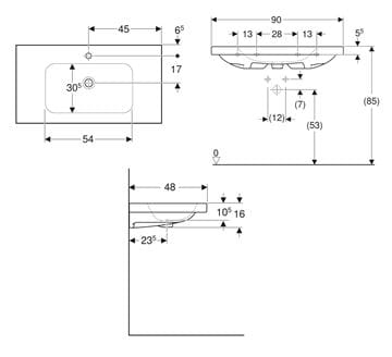 GEBERIT ICON LIGHT umyvadlo 90 cm, s otvorem pro baterii, bez přepadu 501.840.00.5 Technický nákres