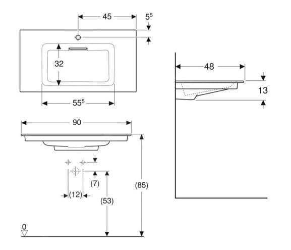 GEBERIT ONE umyvadlo 90 cm, s otvorem pro baterii a skrytým přepadem, KeraTect 505.006.00.1 Technický nákres