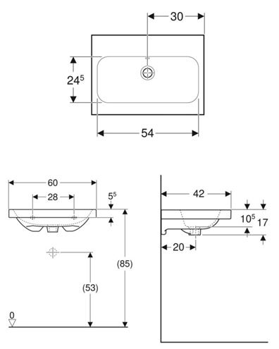 GEBERIT ICON LIGHT umyvadlo 60 cm, s přepadem, KeraTect 501.841.00.4 Technický nákres