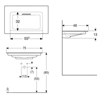 GEBERIT ONE umyvadlo 75 cm, skrytý přepad, KeraTect 505.003.00.1 Technický nákres