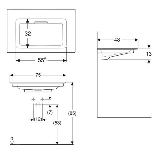 GEBERIT ONE umyvadlo 75 cm, skrytý přepad, KeraTect 505.003.00.1 Technický nákres