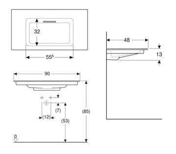 GEBERIT ONE umyvadlo 90 cm, skrytý přepad, KeraTect 505.005.00.1 Technický nákres
