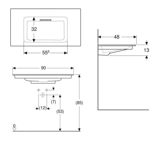 GEBERIT ONE umyvadlo 90 cm, skrytý přepad, KeraTect 505.005.00.1 Technický nákres