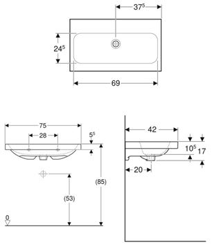 GEBERIT ICON LIGHT umyvadlo 75 cm, bez přepadu, KeraTect 501.842.00.8 Technický nákres