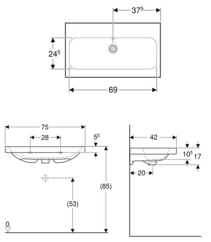 GEBERIT ICON LIGHT umyvadlo 75 cm, s přepadem 501.842.00.3 Technický nákres