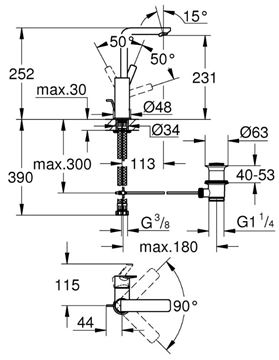 GROHE LINEARE umyvadlová stojánková baterie, s odtokouvou soupravou, chrom 23296001 Technický nákres