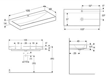 GEBERIT ONE umyvadlo 105 cm, s otvorem pro baterii, bez přepadu, KeraTect 505.020.01.4 Technický nákres
