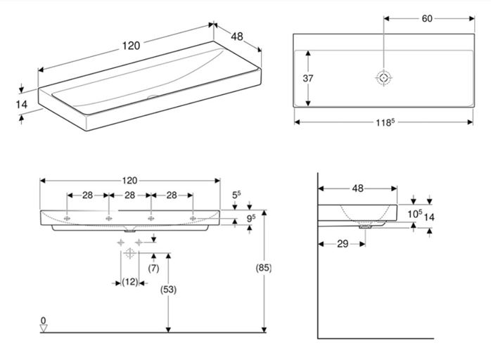 GEBERIT ONE umyvadlo 120 cm, bez přepadu, KeraTect 505.021.01.5 Technický nákres