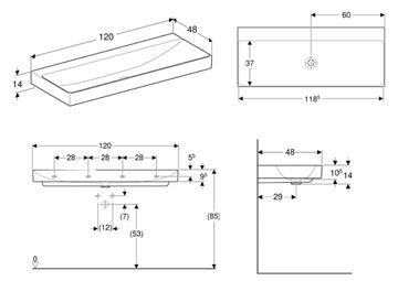 GEBERIT ONE umyvadlo 120 cm, bez přepadu, KeraTect 505.021.01.5 Technický nákres