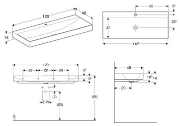 GEBERIT ONE umyvadlo 120 cm, s otvorem pro baterii, bez přepadu, KeraTect 505.020.01.5 Technický nákres