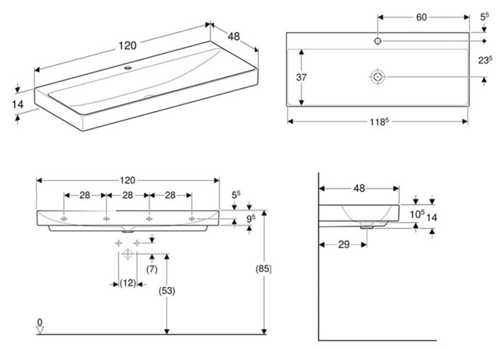 GEBERIT ONE umyvadlo 120 cm, s otvorem pro baterii, bez přepadu, KeraTect 505.020.01.5 Technický nákres