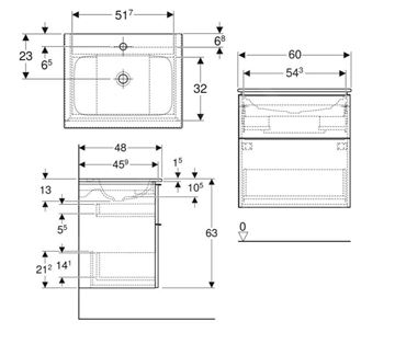 GEBERIT ICON skříňka s umyvadlem 60x48x63 cm, 2 zásuvky, KeraTect, matná bílá 502.331.01.3 Technický nákres