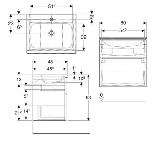 GEBERIT ICON skříňka s umyvadlem 60x48x63 cm, 2 zásuvky, KeraTect, matná bílá 502.331.01.3 Technický nákres