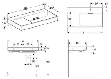 GEBERIT ONE umyvadlo 90 cm, s otvorem pro baterii vpravo, skrytý přepad, KeraTect 505.043.00.1 Technický nákres