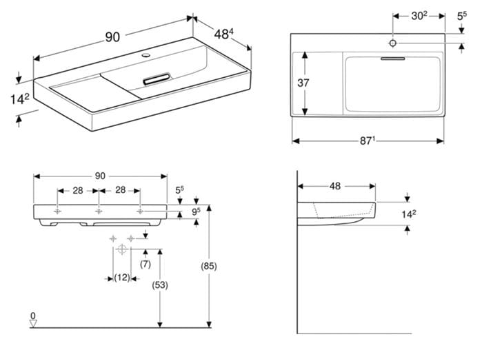 GEBERIT ONE umyvadlo 90 cm, s otvorem pro baterii vpravo, skrytý přepad, KeraTect 505.043.00.1 Technický nákres
