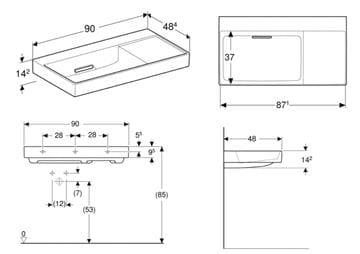 GEBERIT ONE umyvadlo 90 cm, skrytý přepad, KeraTect 505.042.00.1 Technický nákres
