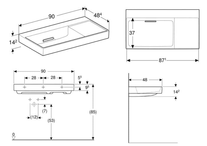 GEBERIT ONE umyvadlo 90 cm, skrytý přepad, KeraTect 505.042.00.1 Technický nákres