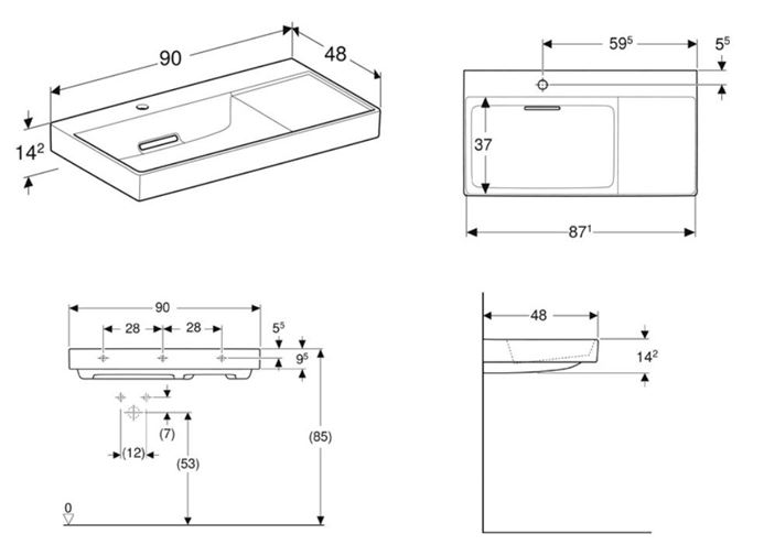 GEBERIT ONE umyvadlo 90 cm, s otvorem pro baterii vlevo, skrytý přepad, KeraTect 505.039.00.1 Technický nákres