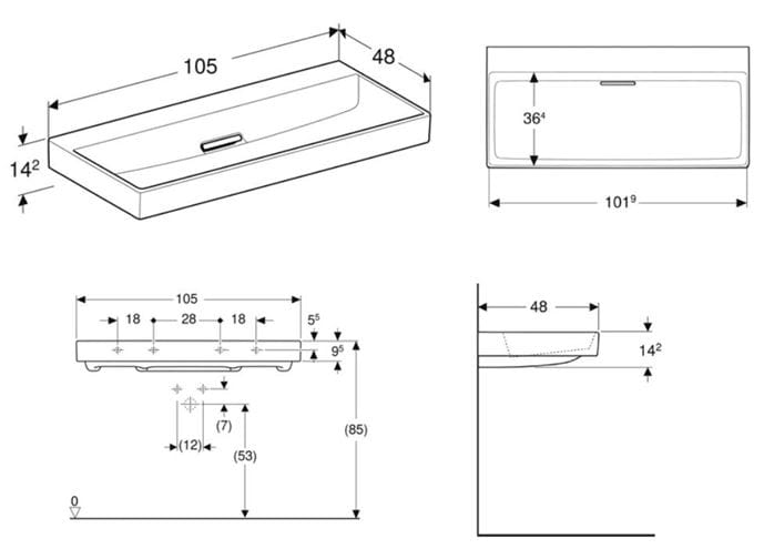 GEBERIT ONE umyvadlo 105 cm, skrytý přepad, KeraTect 505.045.00.1 Technický nákres