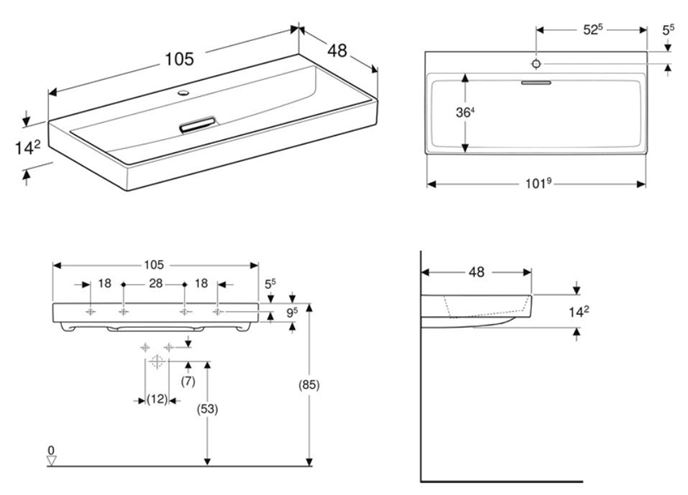 GEBERIT ONE umyvadlo 105 cm, s otvorem pro baterii, skrytý přepad, KeraTect 505.046.00.1 Technický nákres