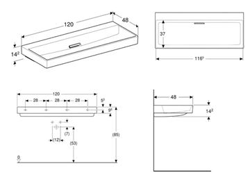 GEBERIT ONE umyvadlo 120 cm, skrytý přepad, KeraTect 505.047.00.1 Technický nákres