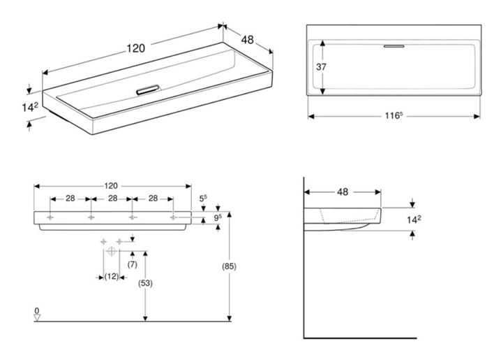 GEBERIT ONE umyvadlo 120 cm, skrytý přepad, KeraTect 505.047.00.1 Technický nákres