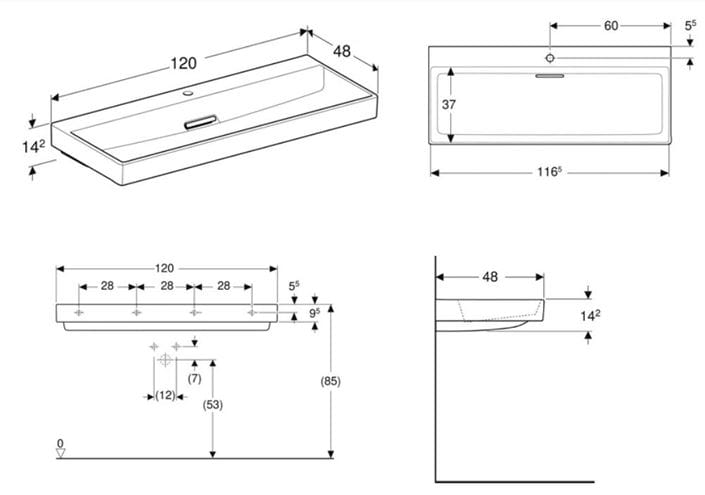 GEBERIT ONE umyvadlo 120 cm, s otvorem pro baterii, skrytý přepad, KeraTect 505.048.00.1 Technický nákres