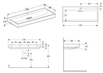 GEBERIT ONE umyvadlo 120 cm, s otvorem pro baterii, skrytý přepad, KeraTect 505.048.00.1 Technický nákres