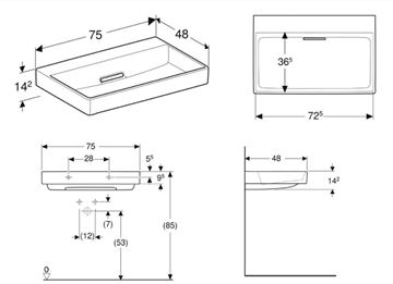 GEBERIT ONE umyvadlo 75 cm, skrytý přepad, KeraTect 505.035.00.1 Technický nákres