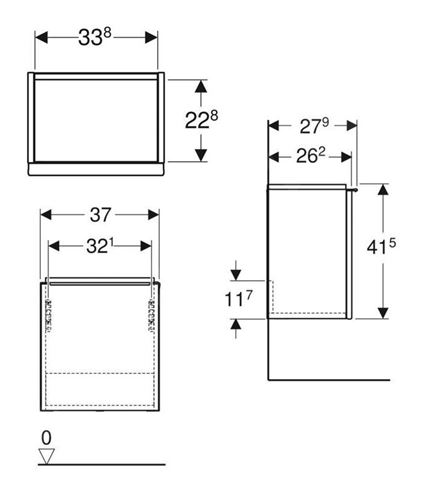 GEBERIT ICON skříňka pod umývátko 37x27,9x41,5 cm, 1 dvířka, panty vlevo, ořech hickory 502.301.JR.1 Technický nákres