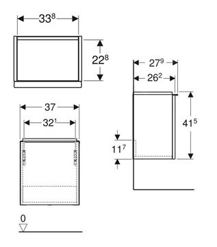 GEBERIT ICON skříňka pod umývátko 37,0x27,9x41,5 cm, 1 dvířka, panty vpravo, lesklá bílá 502.300.01.2 Technický nákres
