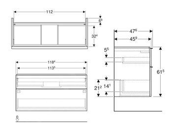 GEBERIT ICON skříňka pod umyvadlo 118,4x47,6x61,5 cm, 2 zásuvky, lesklá bílá 502.306.01.2 Technický nákres