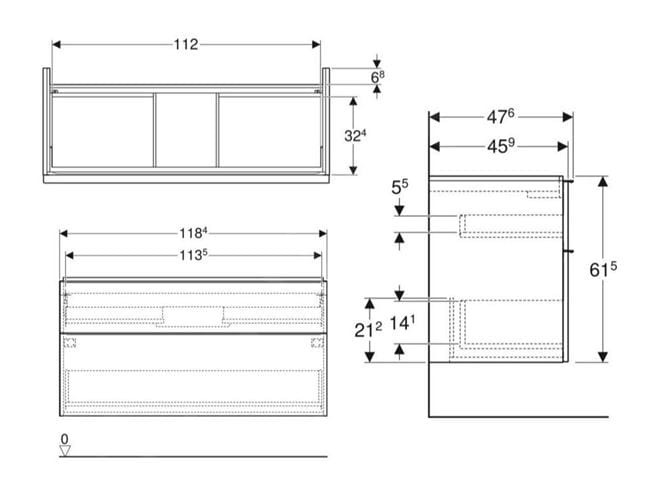GEBERIT ICON skříňka pod umyvadlo 118,4x47,6x61,5 cm, 2 zásuvky, lesklá bílá 502.306.01.2 Technický nákres