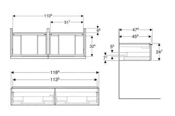 GEBERIT ICON skříňka pod dvojumyvadlo 118,4x47,6x24,7 cm, 2 zásuvky, dub 502.314.JH.1 Technický nákres