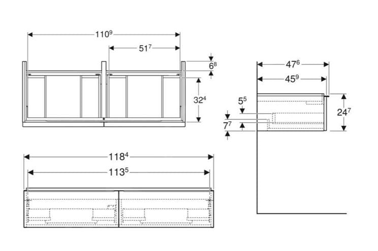 GEBERIT ICON skříňka pod dvojumyvadlo 118,4x47,6x24,7 cm, 2 zásuvky, dub 502.314.JH.1 Technický nákres
