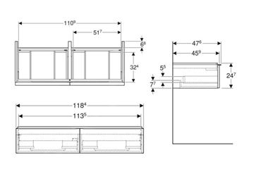 GEBERIT ICON skříňka pod dvojumyvadlo 118,4x47,6x24,7 cm, 2 zásuvky, matná bílá 502.314.01.3 Technický nákres