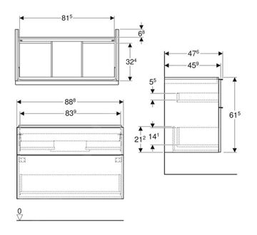 GEBERIT ICON skříňka pod umyvadlo 88,8x47,6x61,5 cm, 2 zásuvky, ořech hickory 502.305.JR.1 Technický nákres